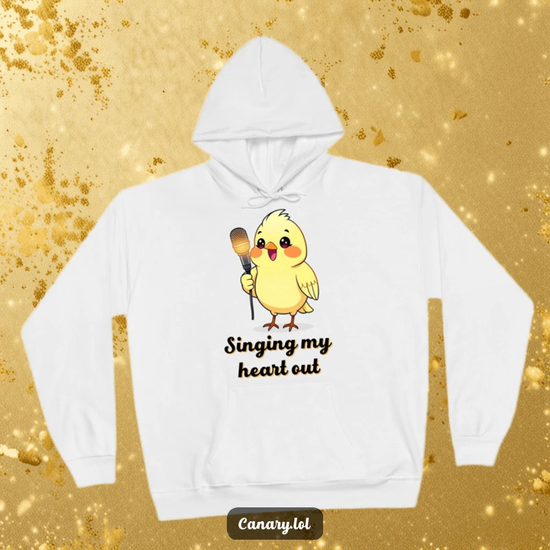 Funny hoodie showing a canary bird holding a glowing microphone, ideal for music lovers and performers.