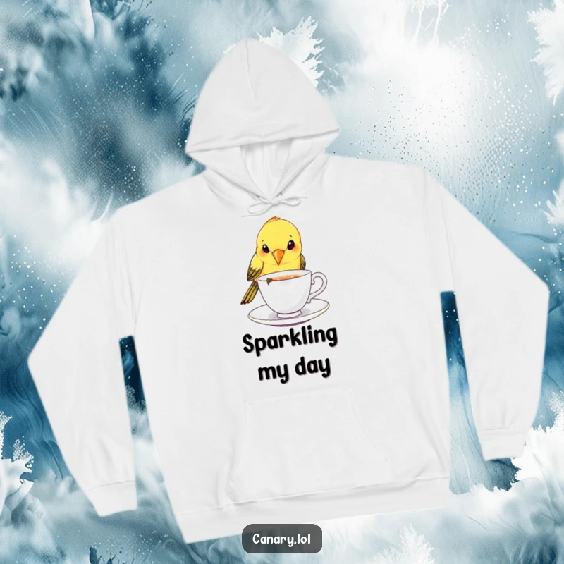 Funny canary bird hoodie, playfully dipping beak into a tiny, sparkling teacup, warm and charming apparel.