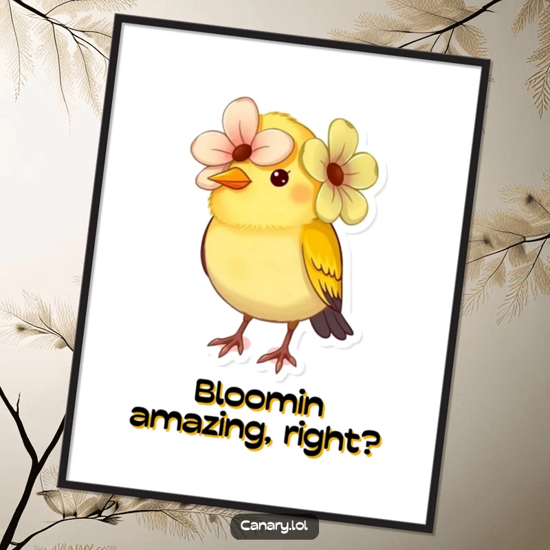 Funny Free Printable Wall Art: Small canary bird comically trying to wear a vibrant flower as a stylish, oversized hat.