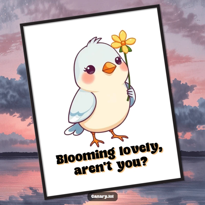 Funny Free Printable Wall Art: An adorable bird holds a single, bright flower in its beak, offering a sweet gesture.
