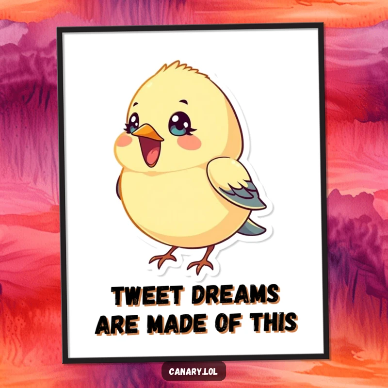 Free Printable Wall Art: A small, round canary bird with eager eyes sings a beautiful song, its beak wide open.