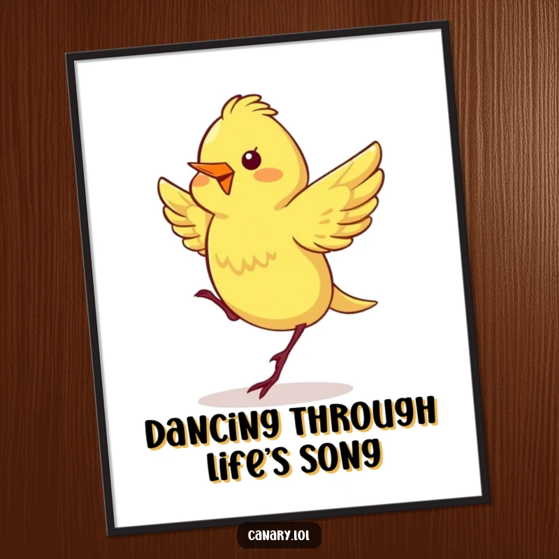 Funny Free Printable Wall Art: Canary with wings fluttering rapidly performing a joyous happy dance, a piece of vibrant decor.