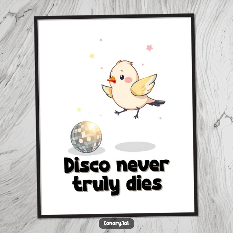 Funny Free Printable Wall Art: A bird hops energetically around a small, glittering disco ball, creating a vibrant dance scene.