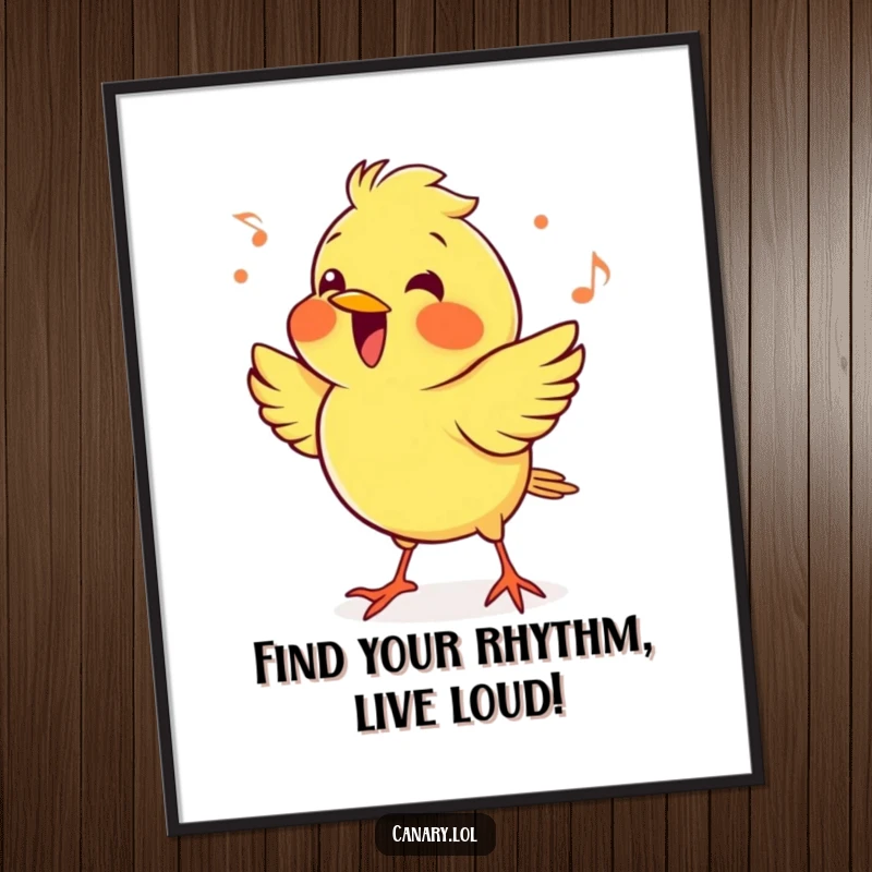 Funny Free Printable Wall Art: Cheerful canary bird enthusiastically bopping its head with joy to a lively, unseen rhythm.
