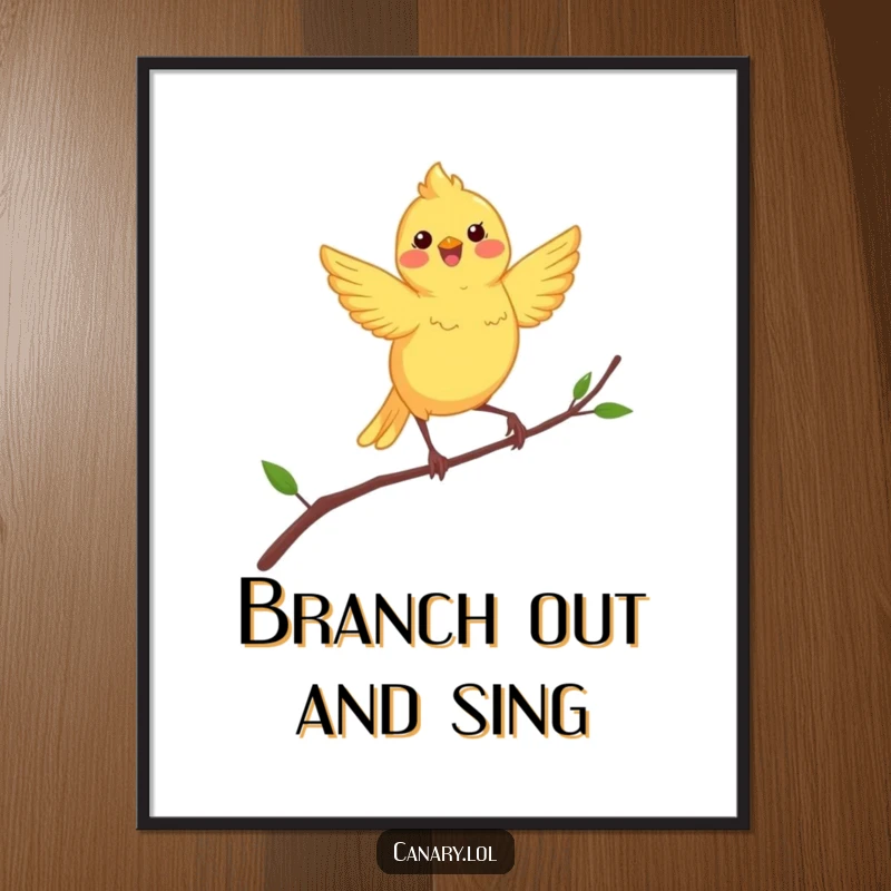 Funny free printable wall art of a silly canary bird enthusiastically dancing on a slender, bending branch, full of personality.