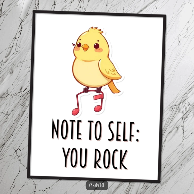 Funny free printable wall art featuring a cheerful canary bird perched happily on a tiny musical note, exuding pure contentment.