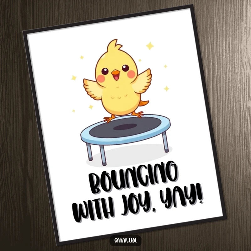 Funny Free Printable Wall Art of a cute kawaii canary triumphantly bouncing high on a trampoline with glee.