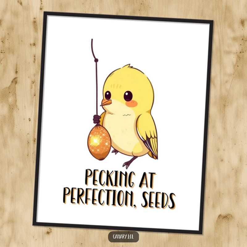 Funny free printable wall art: A small canary with a curious gaze pecks eagerly at a tiny, dazzling sparkling seed.