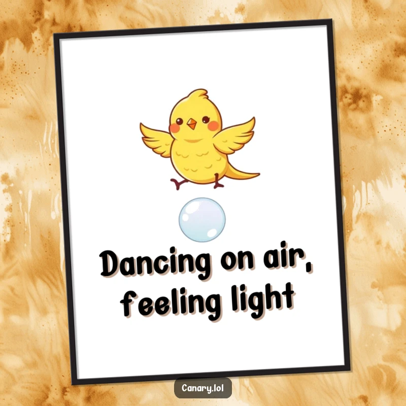 Funny Free Printable Wall Art: A canary bird with fluttering wings joyfully dancing on a single bouncing bubble, decor.