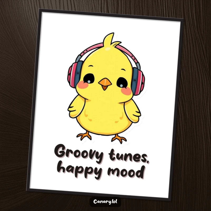 Funny Free Printable Wall Art: A small canary wearing tiny headphones is energetically bopping its head.