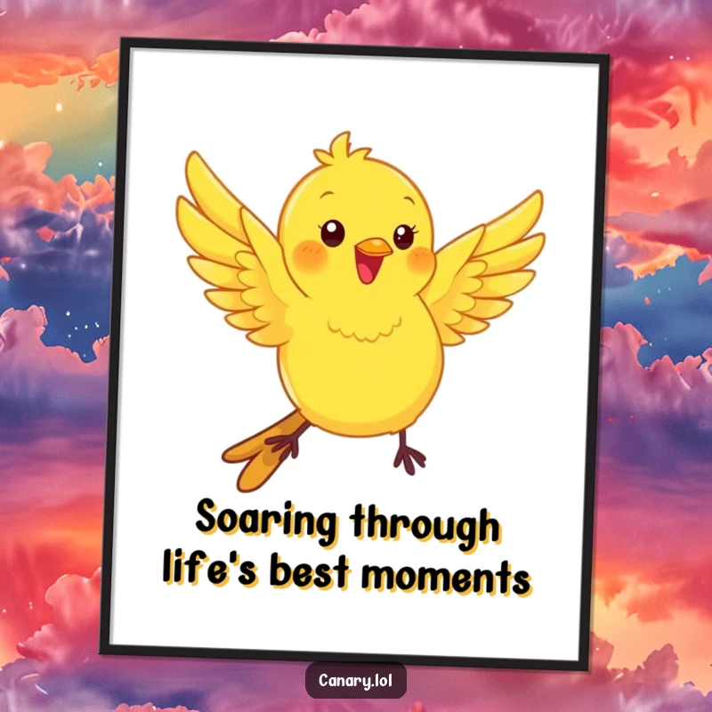 Funny Free Printable Wall Art: Kawaii canary bird flutters wings energetically, bringing playful vibes to decor.
