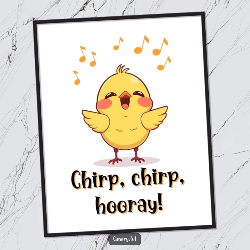 Funny Free Printable Wall Art of a kawaii canary singing joyfully, surrounded by floating musical notes, adding cheer.