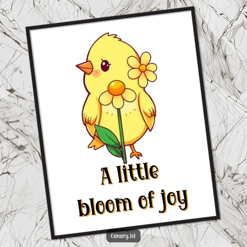 Funny Free Printable Wall Art depicting a modestly smiling canary offering a single, perfect bloom with shyness.