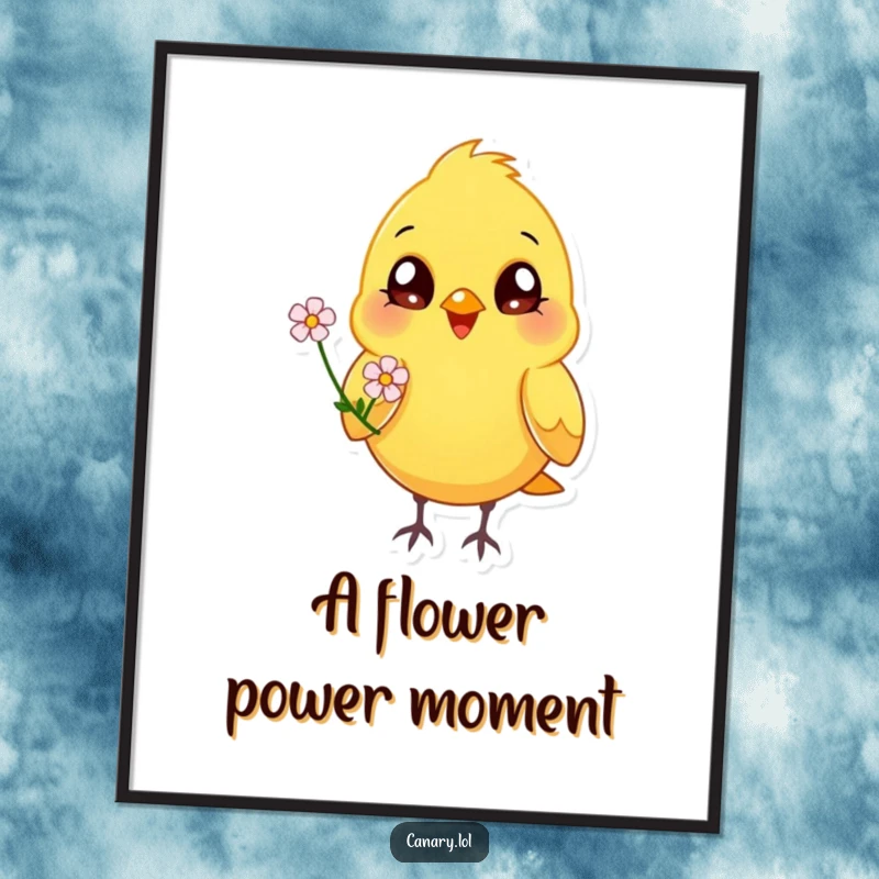 Funny Free Printable Wall Art: A happy canary bird with bright eyes offers a tiny flower, cheerful downloadable art.