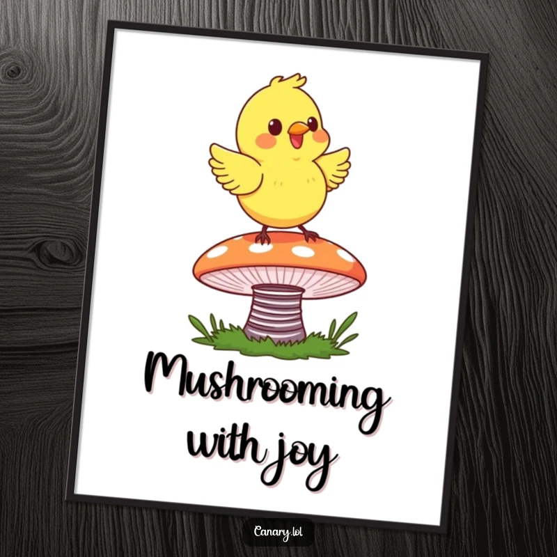 Funny free printable wall art: A canary joyfully bouncing on a springy, colorful mushroom cap. Whimsical, playful decor.