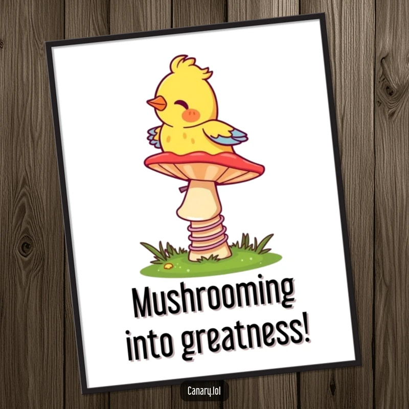 Funny Free Printable Wall Art: A canary is captured mid-bounce on a large, vibrantly colored mushroom cap.
