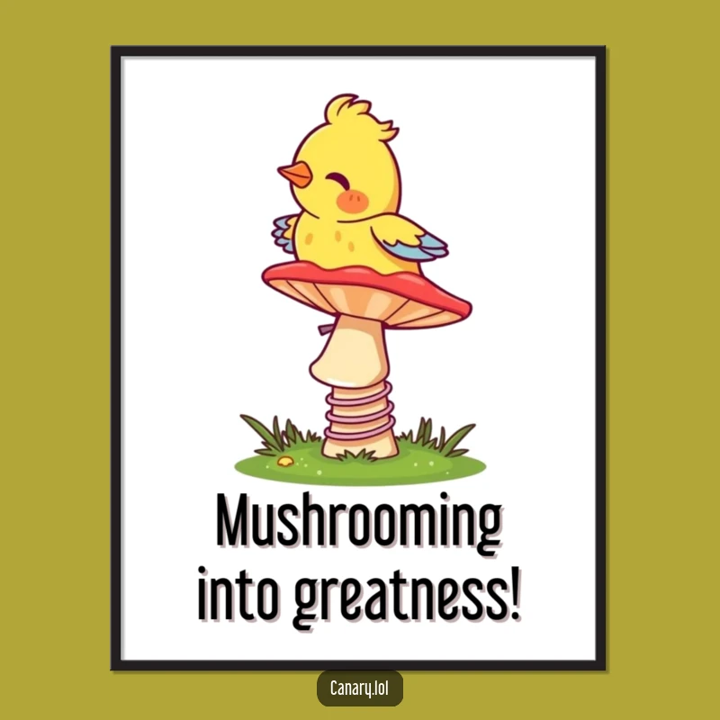 Free Printable Wall Art: Bouncy Canary on Mushroom Funny Downloadable Art Whimsical Decor