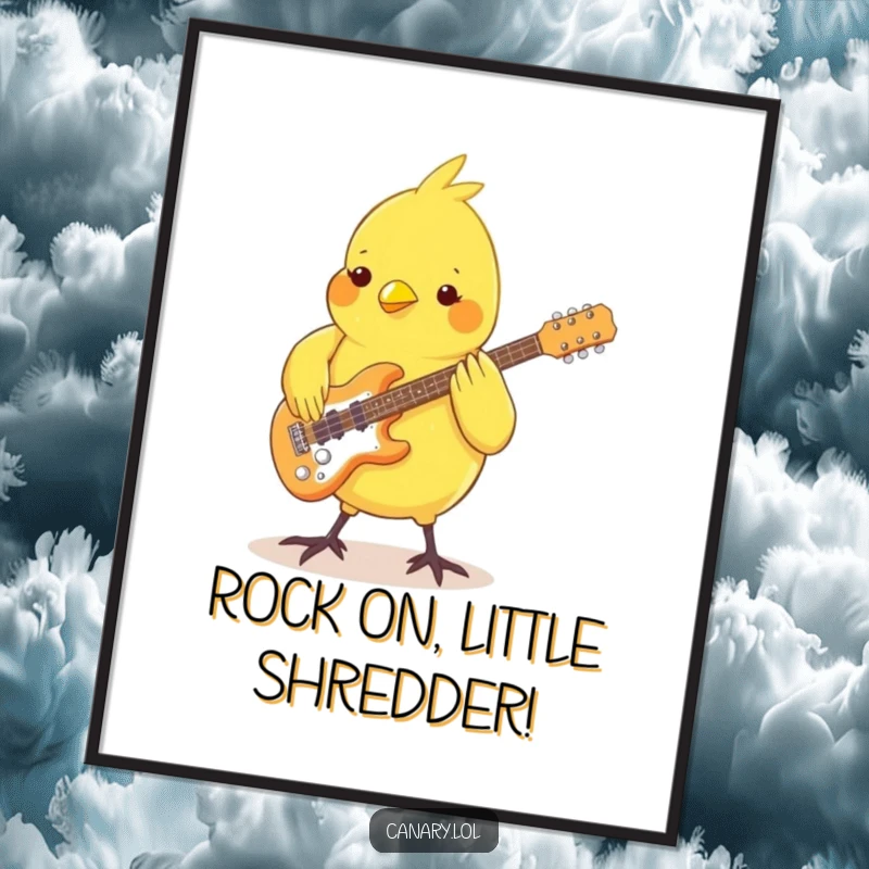 Funny Free Printable Wall Art: A canary plays a small guitar with its feet, grooving to an unseen beat.