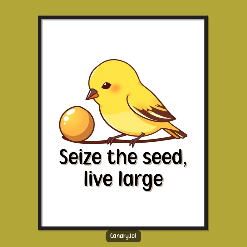 Charming Free Printable Wall Art: Canary's Enthusiastic Peck at a Shiny Seed