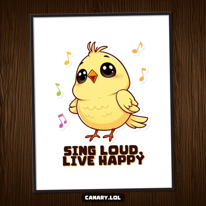 Funny Free Printable Wall Art: A tiny canary with big, round eyes is captured singing a cheerful tune.