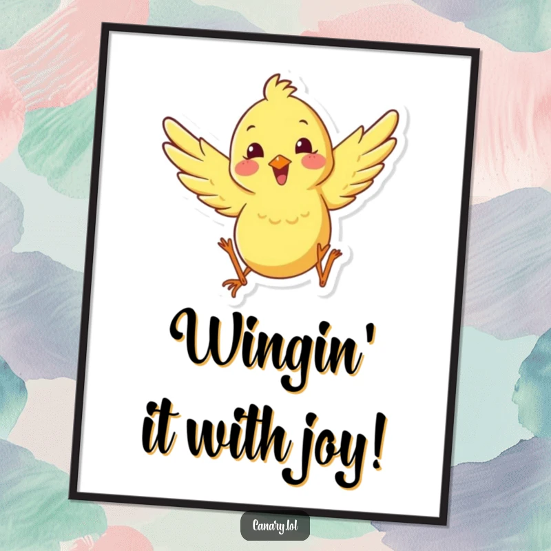 Funny Free Printable Wall Art depicting a happy canary character leaping joyfully with wings spread, full of zest.