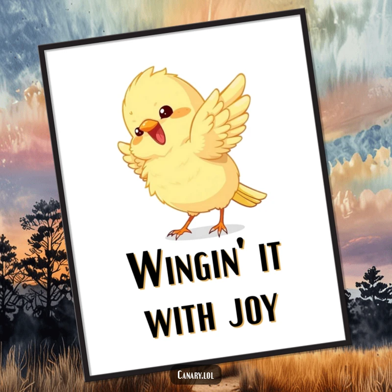 Funny free printable wall art: A fluffy canary's wings are a blur as it playfully flutters in joyful excitement.