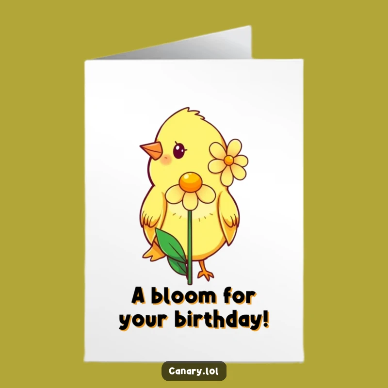 Free Printable Happy Birthday Card: Shy Canary with Flower for a Sweet Funny Gift