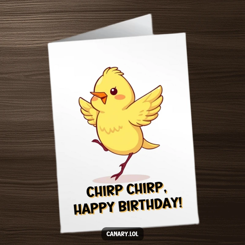 Funny Free Printable Birthday Card: Energetic canary with fluttering wings doing a happy dance, radiating pure birthday joy.