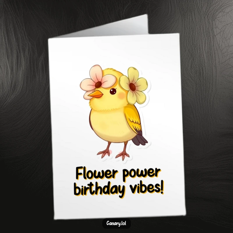 Funny Free Printable Birthday Card: Small canary bird comically trying to wear a bright flower as a stylish, oversized hat.