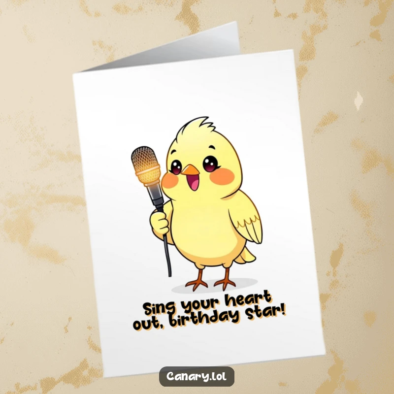 Funny Free Printable Birthday Card of a delighted canary bird holding a glowing microphone, ready to sing.