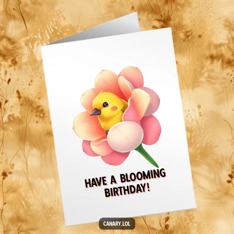 Funny Free Printable Birthday Card: Curious canary bird peeking out from a vibrant flower.