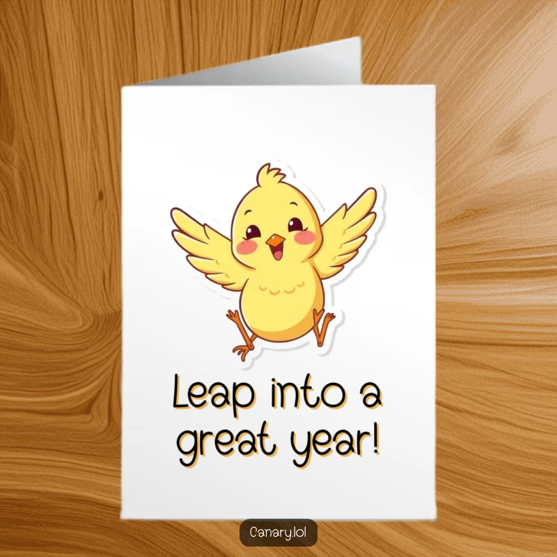 Funny Free Printable Birthday Card showing a happy canary character leaping with wings spread in pure delight.