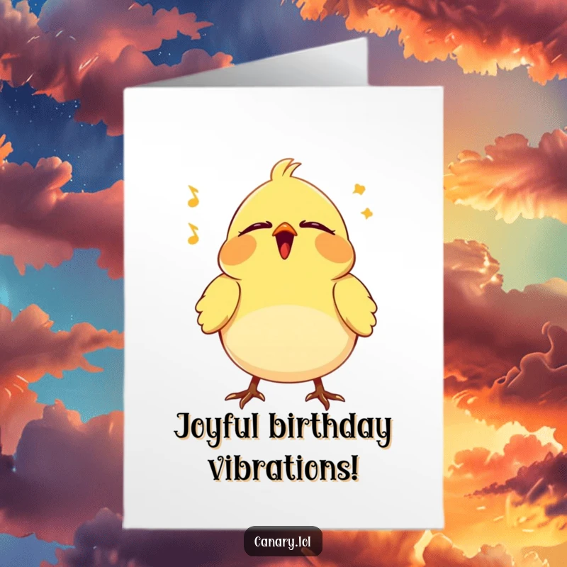 Funny Free Printable Birthday Card: Tiny canary with eyes closed, vibrating ecstatically with the pure joy of a happy song.