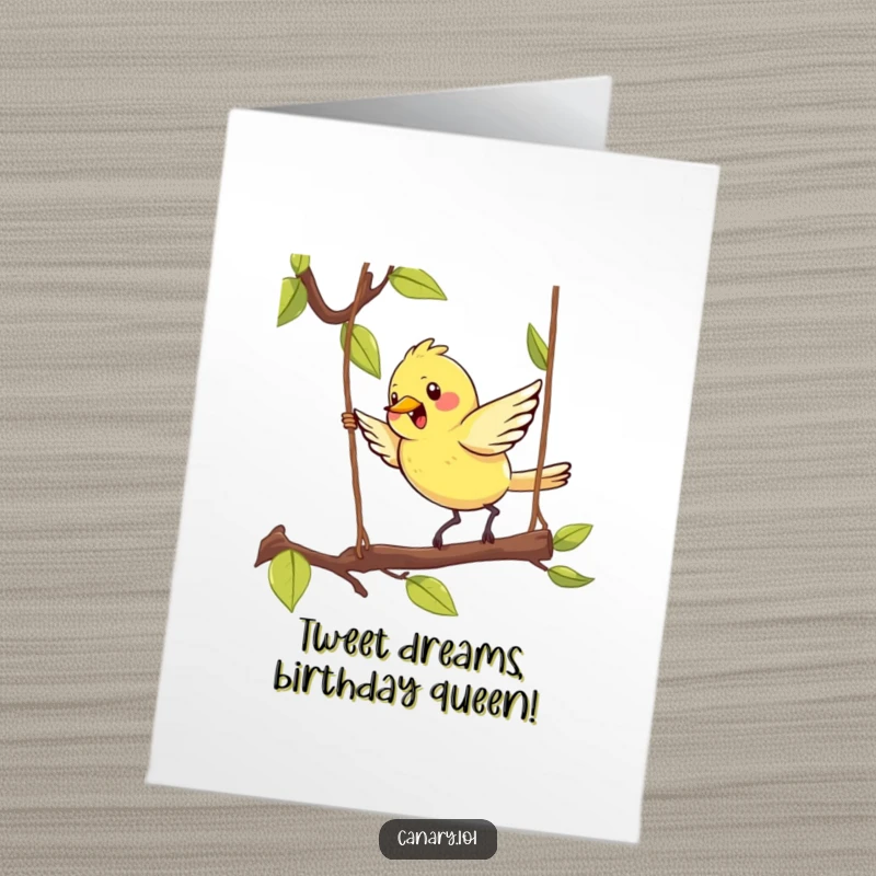 Funny Free Printable Birthday Card featuring a kawaii canary enthusiastically hopping on a swinging branch, spreading birthday joy.