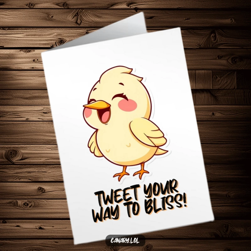 Funny Free Printable Birthday Card: Kawaii canary with huge smile singing a very high note, spreading musical joy.