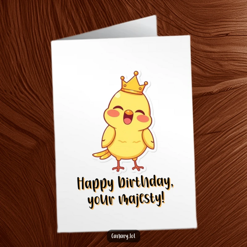 Funny Free Printable Birthday Card: Joyful canary bird wearing a tiny crown, chirping merrily for a royal birthday celebration.