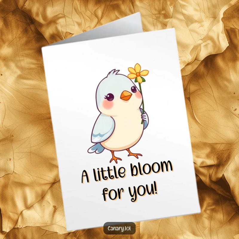 Funny Free Printable Birthday Card: A small bird holds a single, vibrant flower in its beak, offering a gift.