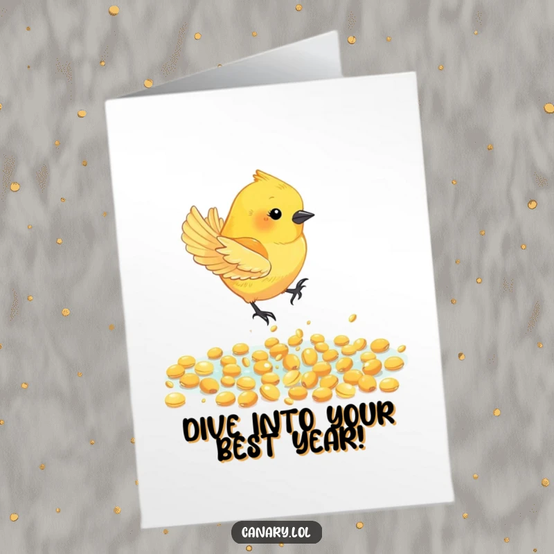 Funny Free Printable Birthday Card: Canary bird joyfully diving into a pool of golden seeds, a delightful downloadable greeting.