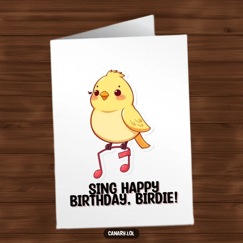 Funny free printable birthday card showing a pleased canary bird serenely perched atop a tiny musical note, looking content.