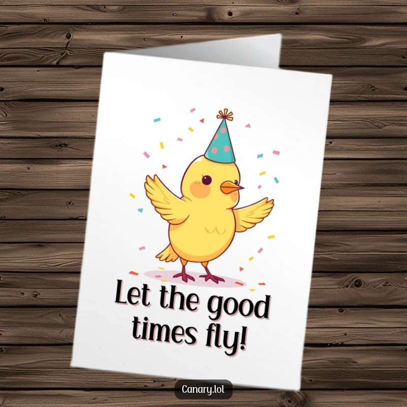 Funny Free Printable Birthday Card of a canary bird in a party hat juggling colorful confetti.
