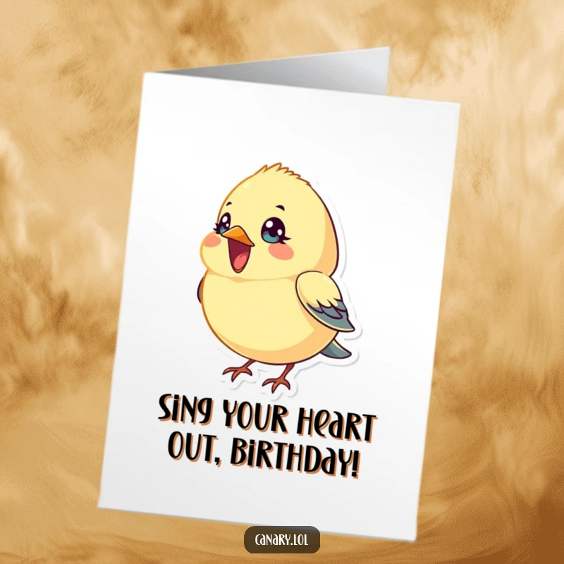 Free Printable Birthday Card: A small, round canary bird with wide, bright eyes joyfully sings with its beak wide open.