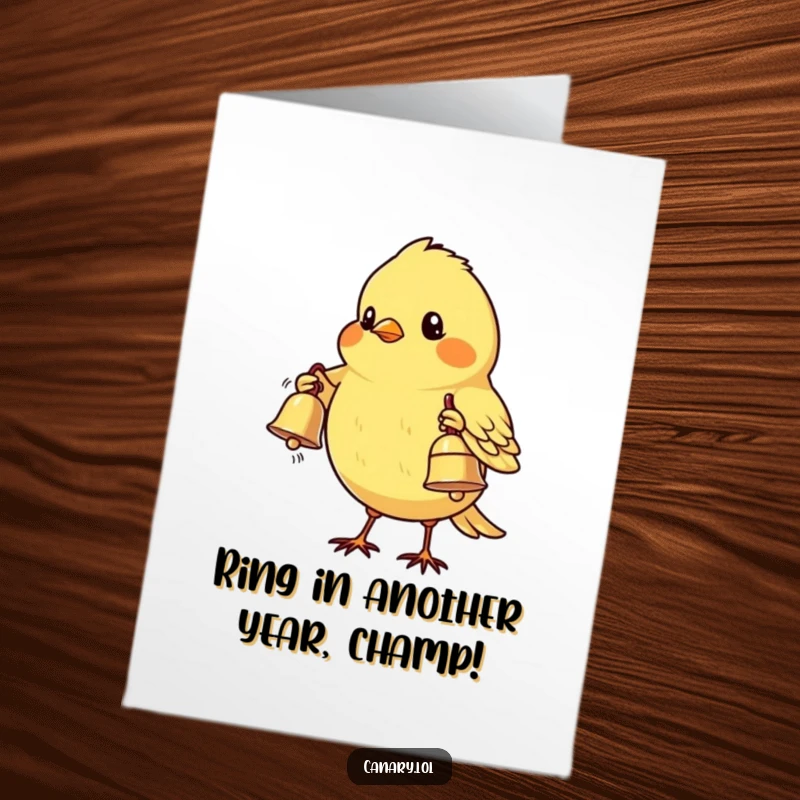 Funny Free Printable Birthday Card: Shy canary bird offering a tiny bell with its wing, perfect for a sweet, downloadable greeting.