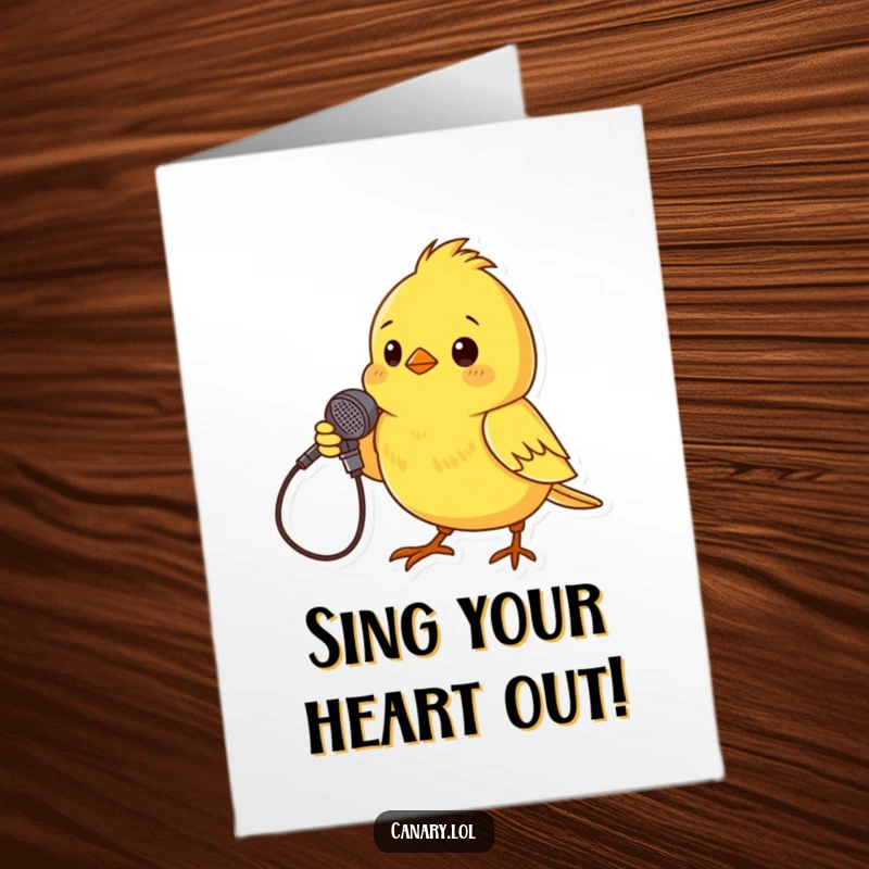 Funny Free Printable Birthday Card: A tiny canary strikes a dramatic pose with a twig microphone, ready to serenade happy birthday.