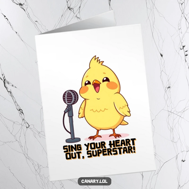 Funny free printable birthday card: A canary beaming with joy, enthusiastically chirping into a tiny microphone. Musical celebration.
