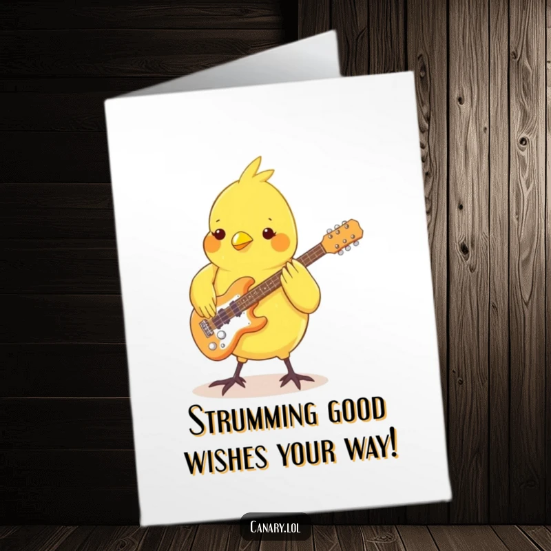 Funny Free Printable Birthday Card: A canary plays a tiny guitar with its feet, grooving out a birthday tune.