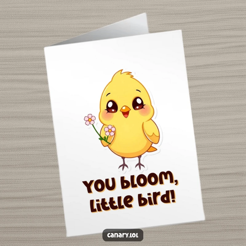 Funny Free Printable Birthday Card: Happy canary bird with bright eyes offers a tiny flower, a cheerful downloadable gift.