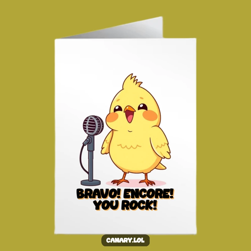 Congratulate them with this free printable card! A beaming canary is belting out a tune into a tiny mic, celebrating their win.