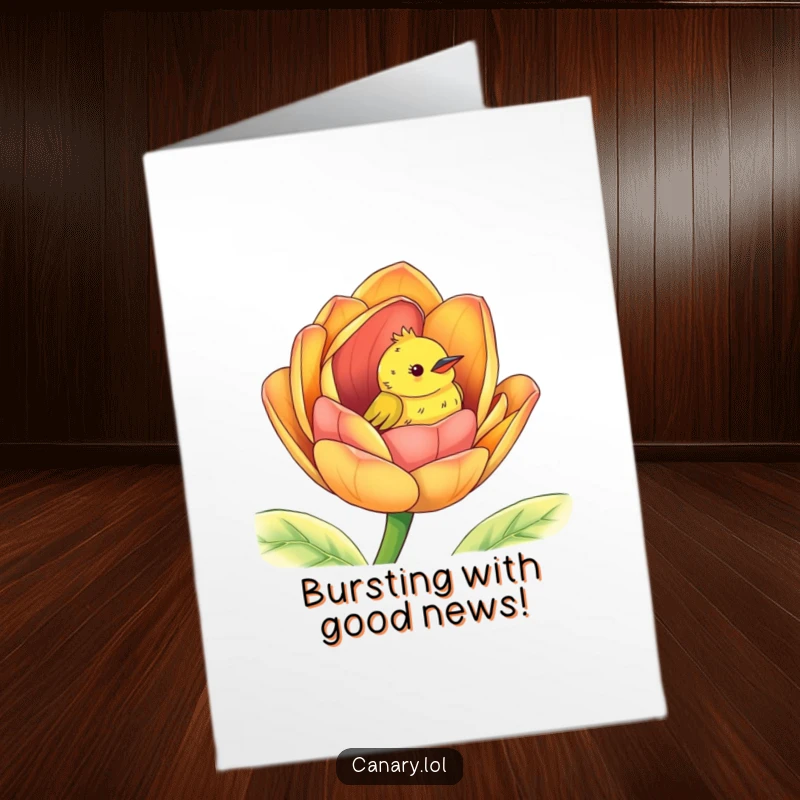 Funny Free Printable Congrats Card: A canary peeks from a giant, colorful flower bud, celebrating a new achievement and growth.