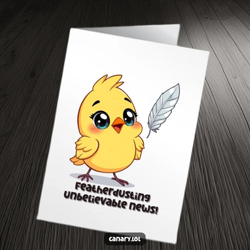 Funny Free Printable Congrats Card: Astonished canary bird with wide eyes, observing a feather floating magically in the air.