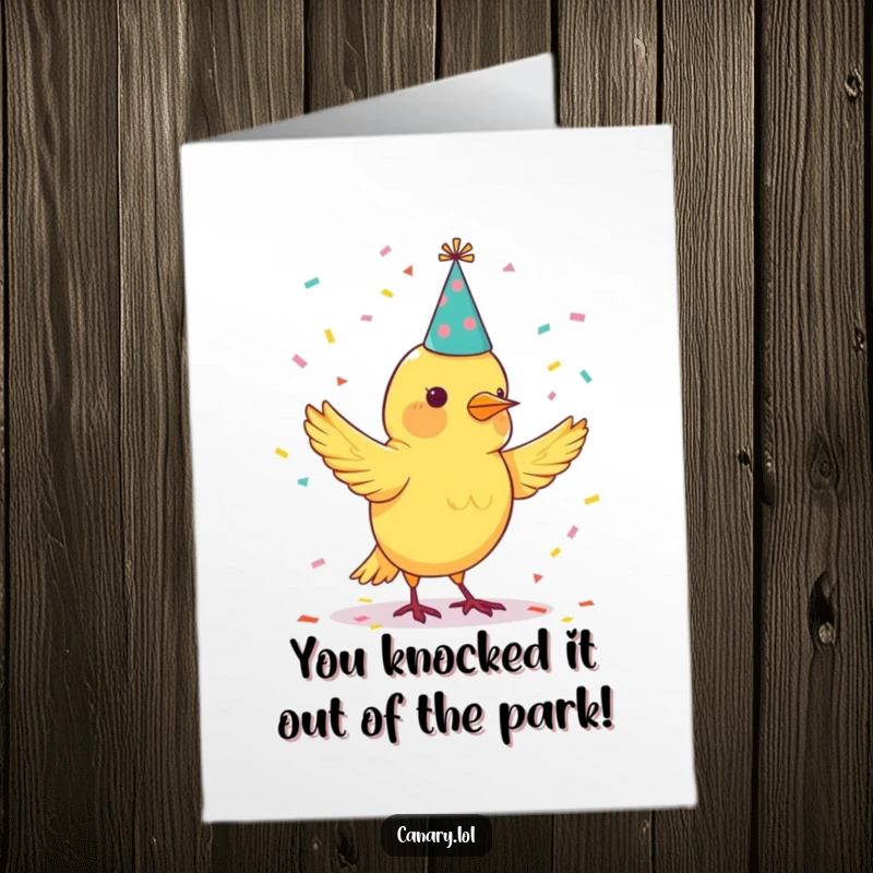 Funny Free Printable Congratulations Card featuring a canary bird in a party hat juggling confetti joyfully.